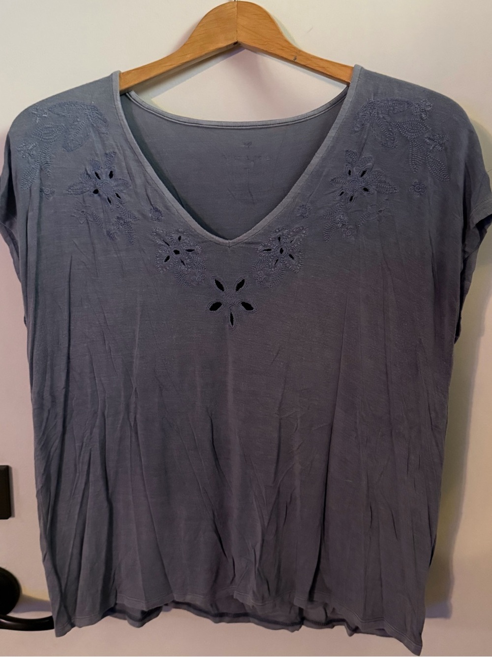 Vintage Blue “Soft & Sexy T” V-Neck Top with Floral Embroidery around the neck